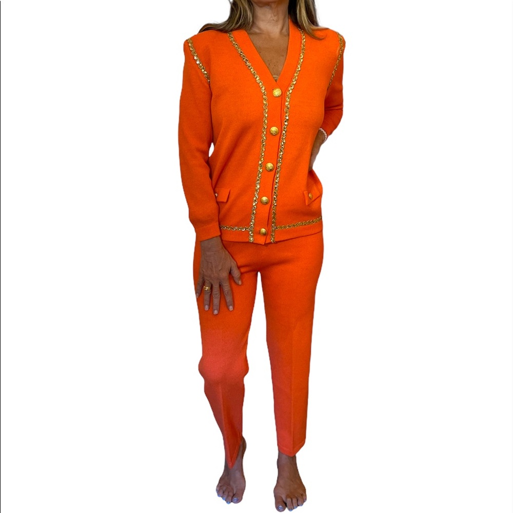 KNITS BY BRIGIDA Vintage Orange Knit Gold Sequins Details Jacket and Pants Set